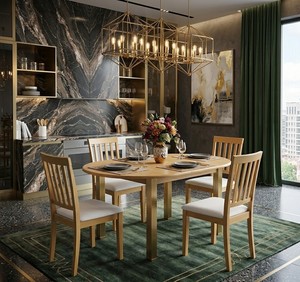 Modern Scandinavian Oval Wooden Dining <b>Table</b> Set With 4 Chairs Light Brown Finish Stable Design For Home Dining Room Furniture - Product Image 3