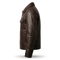 Veste en cuir véritable marron foncé, style trucker, doublée matelassée, logo embossé au dos, poche à bouton pression, veste d'extérieur