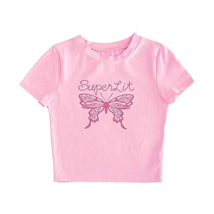 Custom Logo Printed Casual Girls O-Neck Short Sleeve Slim Fit Cotton/Spandex Jersey Eco-Friendly Floral <b>Crop</b> <b>Top</b> Wholesale - Product Image 1