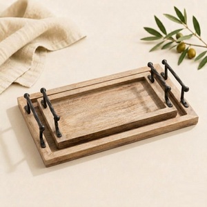 Handcrafted Natural Mango Wood Nesting Serving Tray Set With Industrial Iron Handles 2 Piece Set For Home Decor Coffee Table - Product Image 1
