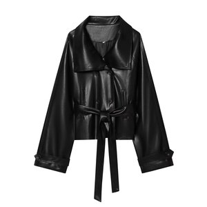 Gabardina de Cuero Sintético para Mujer, Cuello Vuelto, Manga Larga, Cinturón, Chaqueta Corta, Estilo Envolvente y con Lazo, Color Sólido, para Otoño - Product Image 2
