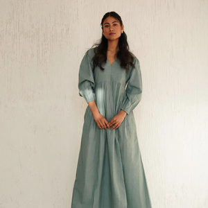 Vestido largo de algodón suave para mujer, cuello en V, manga 3/4, corte holgado, estilo bohemio, cómodo vestido largo de verano - Product Image 1