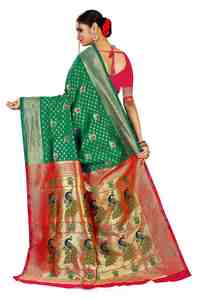 Fancy Stylish Soft Green Silk Saree with Peacock Embroidery <b>Red</b> Border and <b>Blouse</b> Piece for Wedding Party Festival Wear - Product Image 5
