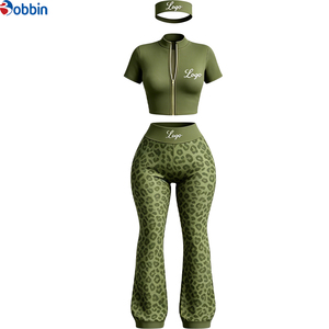 Customized Logo Women's Custom Casual <b>Pants</b> Set Custom Leopard Print Leopard-Print Flared <b>Pants</b> 3Pcs Set Women's Activewear - Product Image 1
