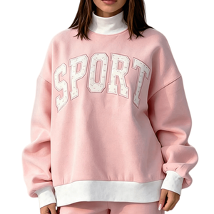 เสื้อสเวตเชิ้ตคอกลมโอเวอร์ไซส์สำหรับผู้หญิง สีพื้น แขนยาว ผ้าฟลีซถัก สำหรับฤดูหนาว ระบายอากาศได้ดี ทรงปกติ สั่งพิมพ์ลายได้ - Product Image 3