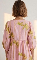 Robe d'été pour femme, style bohème, en coton rose écologique, imprimé palmiers, manches 3/4, ourlet évasé, style babydoll - Product Image 2