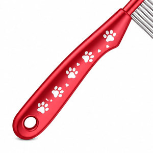 Peigne de toilettage pour animaux de compagnie en plastique rouge avec dents en acier inoxydable et poignée à motif de patte, réutilisable et imperméable pour le soin des poils de chiens et de chats - Product Image 2