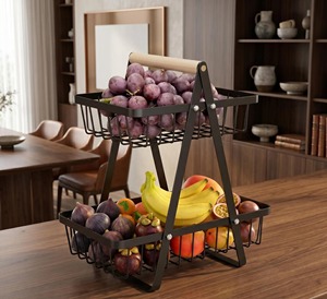 Panier à fruits et légumes à 2 niveaux en métal blanc pour le rangement des collations et des courses, et la présentation des produits frais de l'Inde - Product Image 3