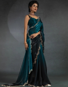 Sari de Fiesta Estilo Bollywood de Seda Satén Reversible Adornado y Sin Arrugas - Product Image 3