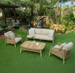 Round natural rattan wicker <b>sofa</b> set with dark purple cushions and glass coffee table, available at wholesale prices. - Product Image 5