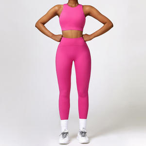 Ensemble de leggings taille haute de couleur unie pour femmes, soutien-gorge de sport, tenue de yoga, vêtements de sport extensibles en tricot, 5 couleurs disponibles - Product Image 6