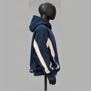 Streetwear Wholesale Trendy Mens <b>Navy</b> Blue Hooded <b>Sweatshirt</b> Color Blocking Design Regular Fit Casual Autumn Wear Knitted Fleece - Product Image 2