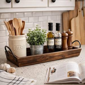 Bandeja Organizadora de Cocina de Madera Maciza de Acacia Premium con Asas de Metal Negro, Hecha a Mano, Moderna, Decorativa, para Almacenamiento, para Bodas - Product Image 1