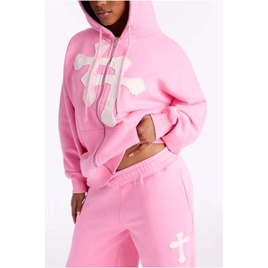 Sudadera con Capucha Extra Grande Verde con Estampado de Cruz Blanca y Cierre Frontal, Sudadera de Algodón para Mujer, Ropa de Otoño - Product Image 4
