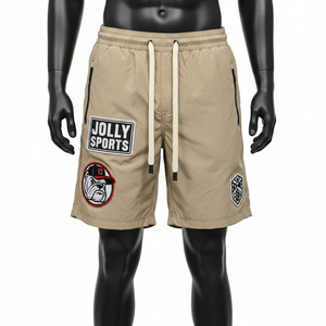 Shorts coupe-vent en polyester doux pour homme, couleur kaki beige, tissu respirant avec logo brodé personnalisé - Product Image 1