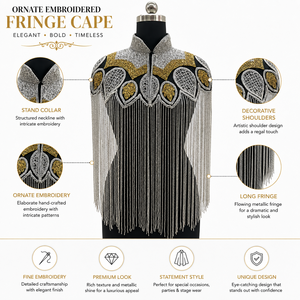 Cape d'épaule brodée à franges métalliques pour femme, châle décoratif tendance avec pompons et motifs ornés - Product Image 6