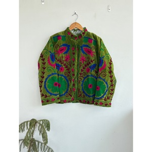 SHYAM EXPORT Veste courte en toile brodée à la main, style universitaire, motif floral vert, col mandarin, en coton pour l'automne - Product Image 1