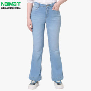 Jean évasé en denim bleu clair taille haute pour femme, coupe slim extensible, style bootcut, pantalon décontracté vintage rétro en jean - Product Image 1