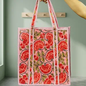กระเป๋าโท้ทผ้าฝ้ายสีชมพู ลายดอกไม้สไตล์วินเทจ ขนาดใหญ่ ทำมือ สไตล์โบโฮ สำหรับผู้หญิง - Product Image 2