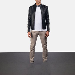 Blouson classique en cuir noir style Cafe Racer personnalisé avec bandes sur les épaules et fermeture éclair frontale – Vêtements d'extérieur en gros pour hommes – Marques USA - Product Image 6