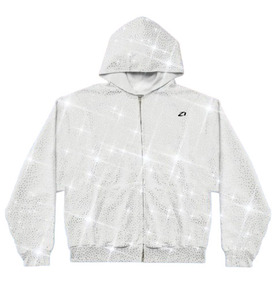 Sweat à capuche zippé pour homme, coupe oversize, en molleton épais 100% coton 300g, respirant, avec motif orné de strass blancs, hiver, OEM ODM - Product Image 3
