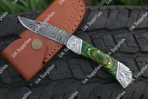 มีดพับใบดาบเหล็กดามัสกัสแบบสั่งทำพิเศษ รองรับ OEM ปรับแต่งได้ ด้ามจับไม้ปักก้าสลักลาย - Product Image 5