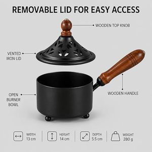 Bol de brûleur en fonte avec couvercle amovible et poignée en bois |   Brûleur d'encens au charbon ventilé anti-odeur |   Modèle de magasin en laiton impérial - Product Image 2