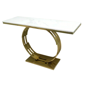 Table console moderne avec plateau en marbre blanc et base circulaire unique en acier inoxydable doré, meuble pour la maison et le hall d'hôtel, en solde - Product Image 1