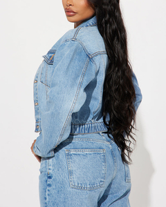 Women's <b>Cropped</b> <b>Denim</b> <b>Jacket</b> Light Wash Jean <b>Jacket</b> Casual Streetwear Custom OEM ODM Premium Fashion Outerwear Made in Pakistan - Product Image 4