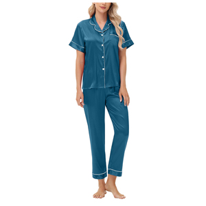 Ensemble pyjama en satin pour femmes, manches courtes, boutonné, col cranté, pantalon long, couleur rouge unie, vêtements de détente, 2 pièces - Product Image 4
