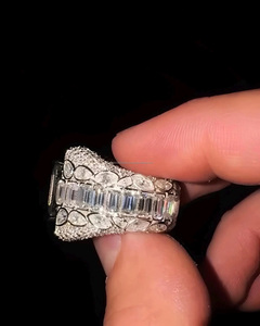 Iced Out <b>Emerald</b> Cut Diamond Statement <b>Ring</b> Wide Baguette & Pavé Diamond Band Vintage Art Deco Style <b>silver</b> Gift Platinum <b>rings</b> - Product Image 5