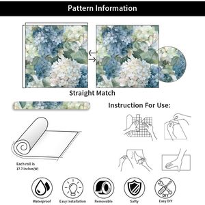 Carta da Parati Vintage con Motivo Floreale di Ortensie ad Acquerello, Autoadesiva, Facile da Applicare e Rimuovere, Decorazione Murale in Blu/Bianco/Verde - Product Image 3