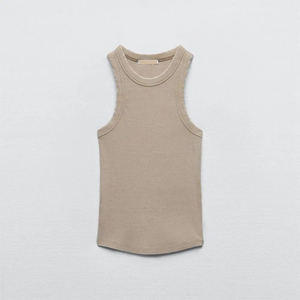 Débardeur côtelé gris pour femme, col rond, décontracté, court, respirant, mélange de coton, rubans écologiques, style hip-hop - Product Image 4