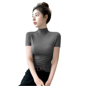 Haut en tricot à col roulé gris pour femme, manches courtes, coupe ajustée, décontracté, printemps-été, respirant, mélange de coton et de spandex - Product Image 1