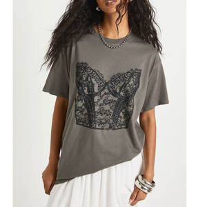 Camiseta de Manga Corta para Mujer, Cuello Redondo, Gris Sólido, 100% Algodón Ecológico, Diseño de Parches, Corte Holgado, Transpirable - Product Image 5