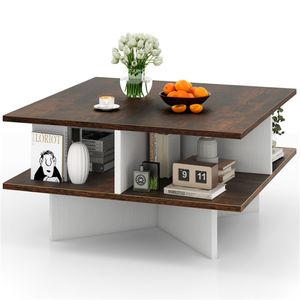 Tavolino da Salotto Durevole a 2 Livelli con Design Quadrato, Tavolo Laterale in Legno con 4 Scomparti Portaoggetti, Materiale in Vetro e Pietra Sinterizzata - Product Image 5