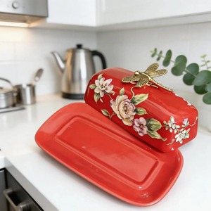Red Floral Design Decorative Ceramic Butter Dish Perfect For Kitchen Storage And Table Presentation Handcrafted From India - Product Image 5