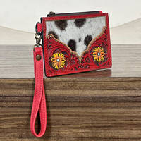 Porte-cartes mini en cuir de vachette fait main, motif floral élégant, avec fermeture éclair et dragonne, unisexe – Meilleure vente