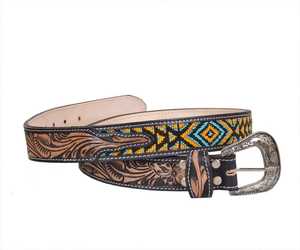 Ceinture en cuir brodée de style occidental avec motif géométrique perlé, boucle en alliage d'argent, style ethnique décontracté, ceinture artisanale durable - Product Image 2