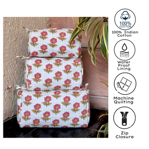 White Pink Floral Quilted Cotton Pouch Set Hand Block Print Toiletry <b>Makeup</b> Stationary Jewellery Craft <b>Storage</b> Travel Gift - Product Image 3