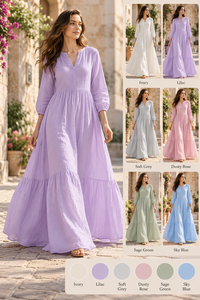 Elegante Vestido Maxi de Lino con Cuello en V, Manga Larga, Estilo Fluido con Volantes, Casual, para Verano y Vacaciones, Antiestático, Estilo Boho - Product Image 3