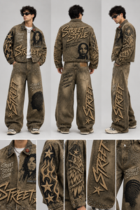 Ensemble de survêtement en denim délavé brodé style vintage personnalisé, 100 % coton, imprimé graphique avec strass, pantalon large pour unisexe - Product Image 6