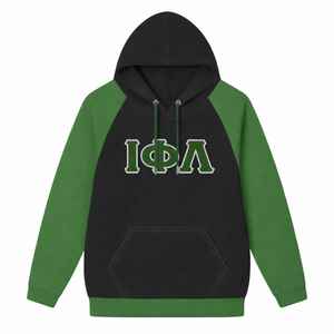 Sudadera con Capucha Negra de Manga Raglán Iota Phi Lambda Sorority con Mangas Verde Esmeralda y Letras Griegas, Prenda Casual para Mujer - Product Image 5