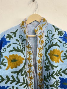 <b>Vintage</b> Suzani Hand Embroidered Jacket Blue Cotton Boho Floral Outerwear Women <b>Stand</b> Collar <b>Coat</b> - Product Image 2