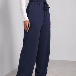 Pantalon taille haute élastique pour femme avec cordon de serrage, coupe droite, poches, polyester/coton, couleur unie, effet ventre plat, respirant, séchage rapide, été, effet délavé - Product Image 1