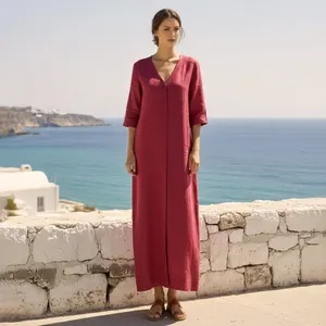 Organic Cotton Midi Dress 3/4 Sleeve Pleated with Pockets Retro Loose High Waist A-Line Breathable for Women - Product Image 2