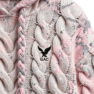 Pull à capuche moderne en tricot torsadé avec cordon de serrage, poche kangourou et design color block rose et rouge pour le streetwear - Product Image 6