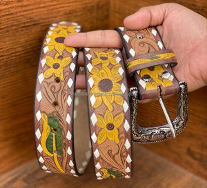 Gran oferta, cinturón de cuero mecanizado a mano para mujer, cinturón en relieve de girasol de cuero de vaca genuino bohemio occidental hecho a mano, regalo para ella - Product Image 5