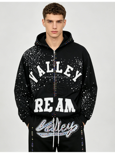 Sweat-shirt à capuche zippé noir pour homme Valley Dream en molleton French Terry coupe-vent avec motif à pois en strass, style streetwear oversize pour l'automne - Product Image 2