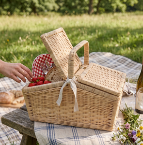 Natural Rattan Picnic <b>Basket</b> With Double Lids Handmade Woven Willow Hamper For Outdoor Camping Storage - Product Image 2